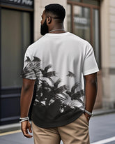 Men's Plus Size Daily Casual Black And White Bird Print Henry Collar Button Short Sleeve T-Shirt